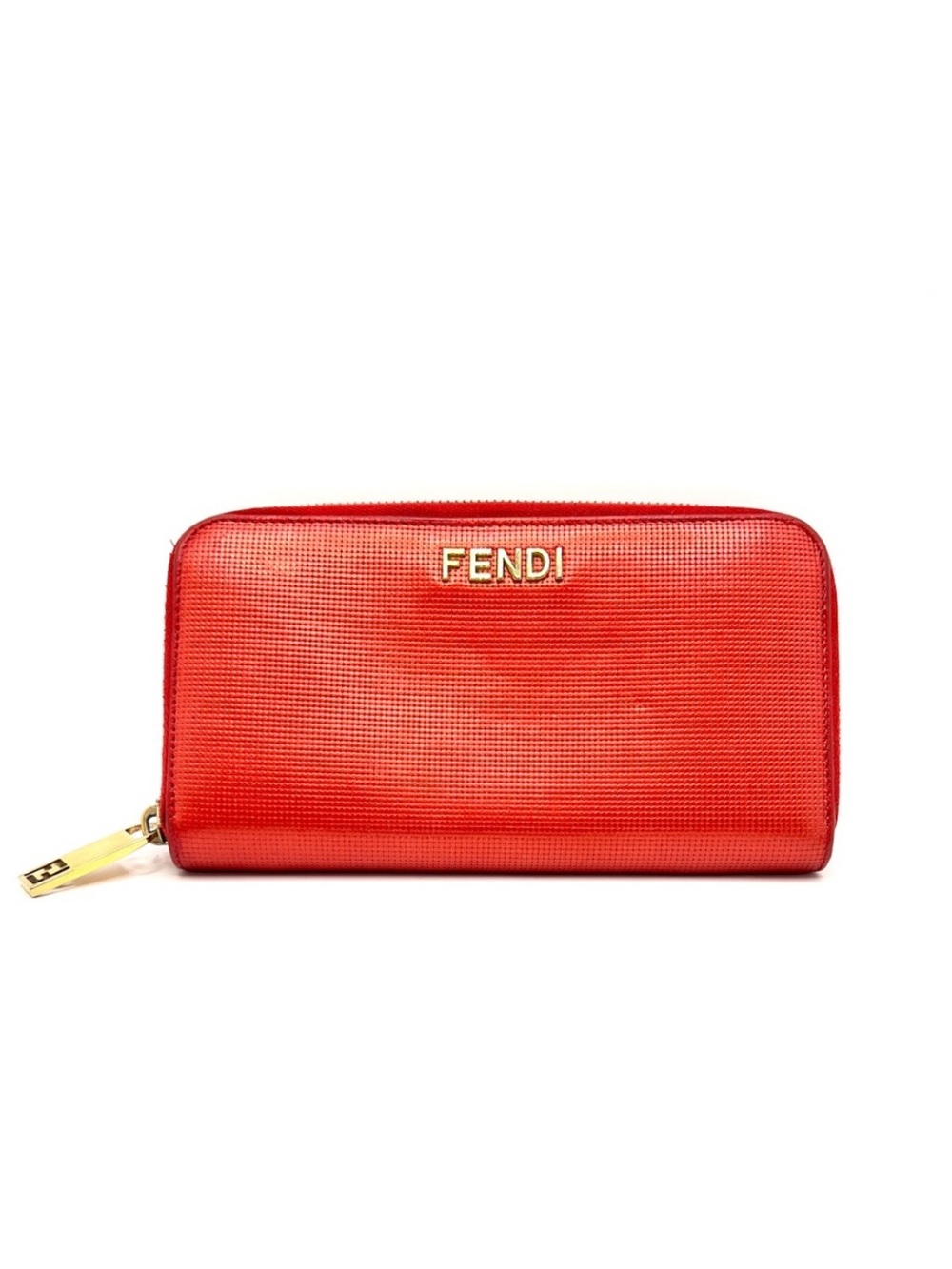 Authentic FENDI Logo Red Leather Long Zip Around Wallet Gold Tone FF Hardware
